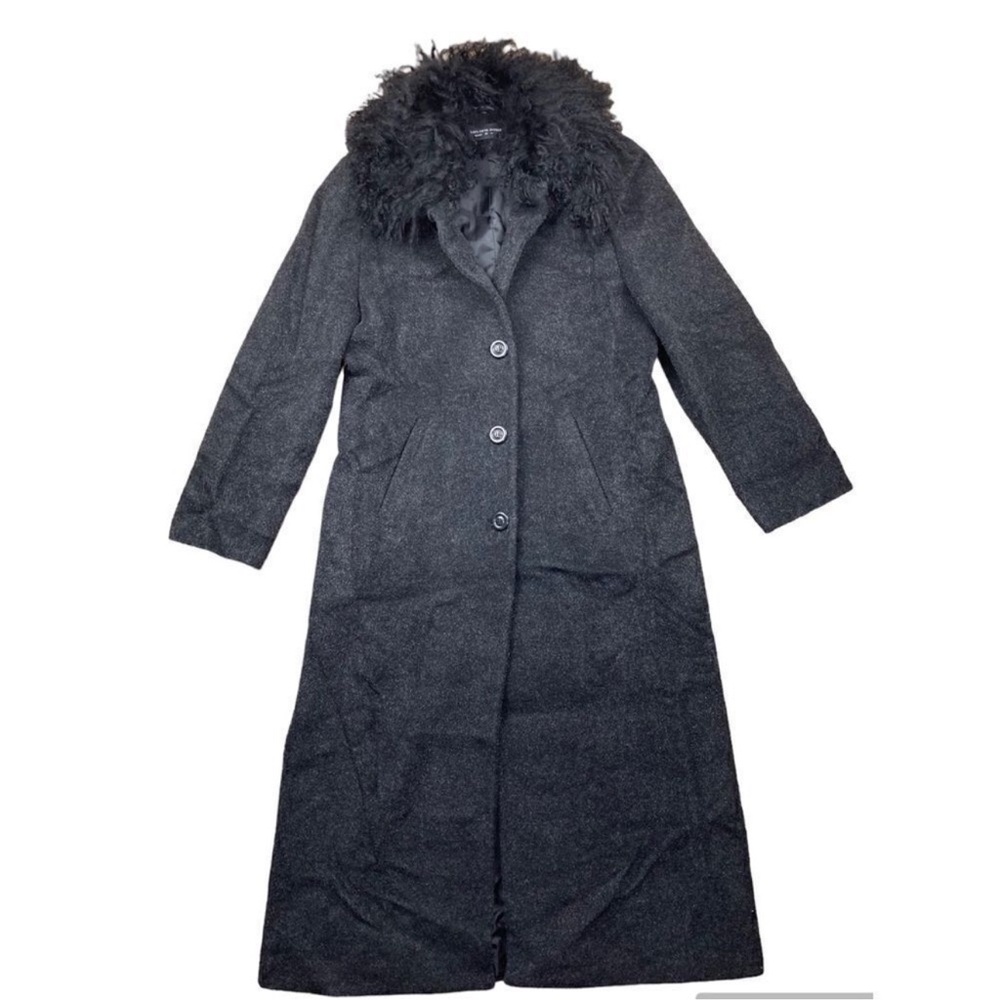 Saks fifth avenue black wool mohair fur trim long pea coat